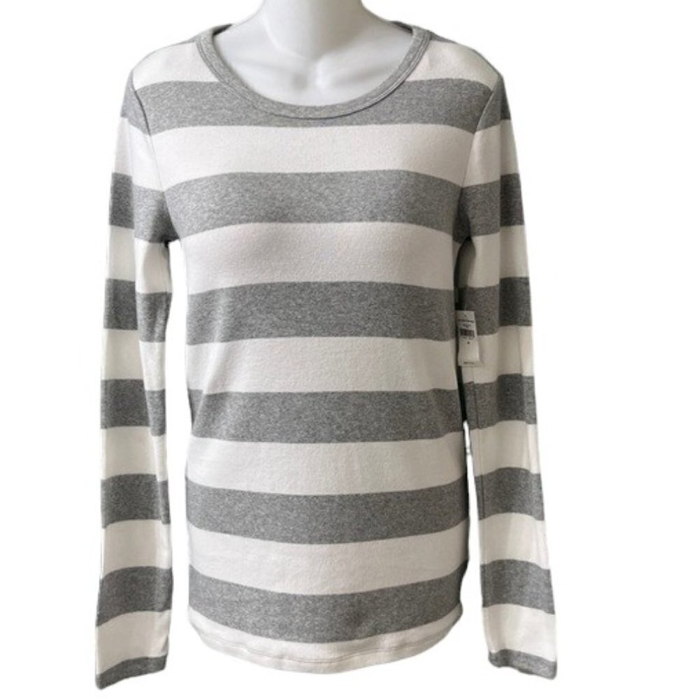 GAP Women The Modern Tee Gray & White Striped Long Sleeve Crewneck Supima Cotton - Picture 1 of 9